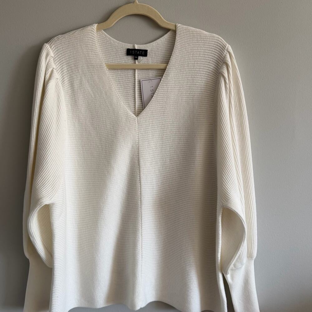 1.STATE Cream V Neck Ribbed Cotton Blend Balloon Sleeve Soft Feminine Top NWT